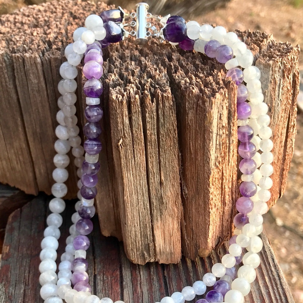Amethyst & Moonstone Trio Artisan Necklace 16”